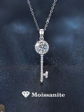 Silver Key Pendant Necklace - Sparkling White